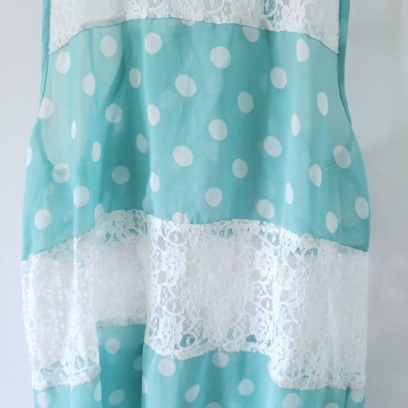 Turquoise Polka Dot Lace Flowy Blouse Tank Boho - Picture 3 of 5